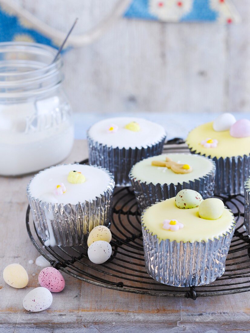 Easter cupcakes on a wire rack