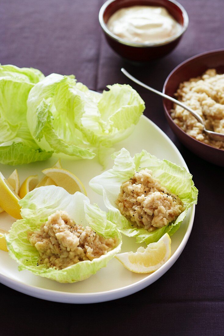 Lentil and rice purée served in lettuce leaves