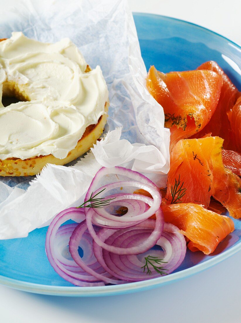 Sesame Bagel with Cream Cheese; Lox and Red Onion with Dill