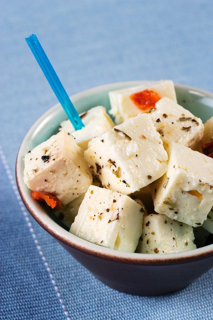 Preserved diced feta with olive oil and herbs