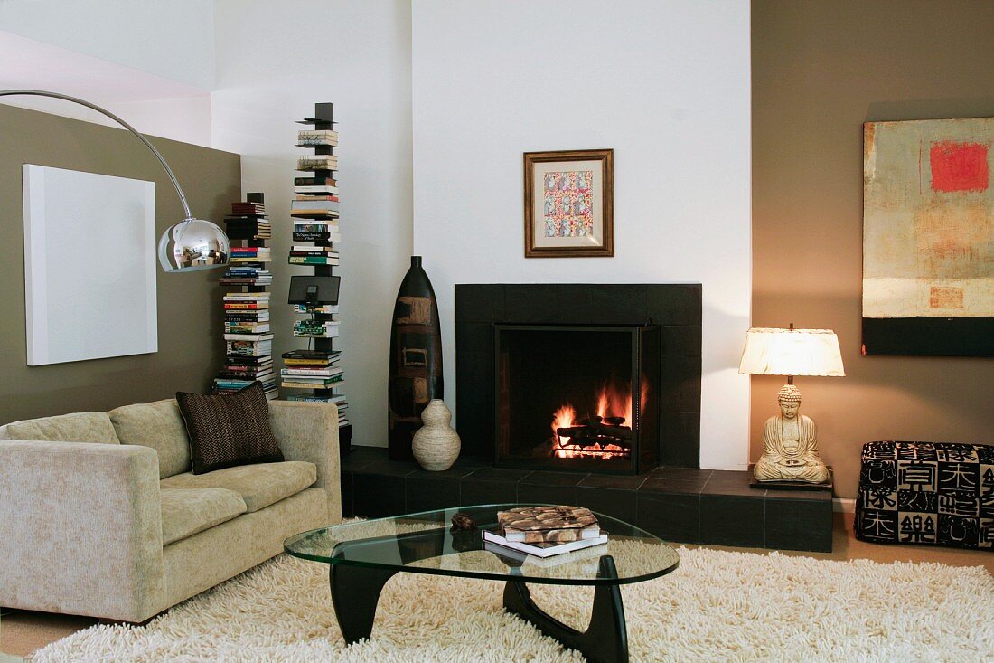 Contemporary living room with glass coffee table