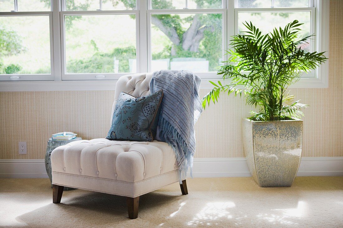 Sonniger Sitzplatz vor breiter Fensterfront - heller Sessel mit Kissen und Decke neben Palmentopf