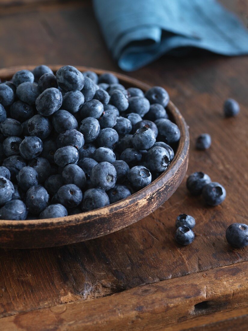 A Wooden Bowl of Fresh Blueberries