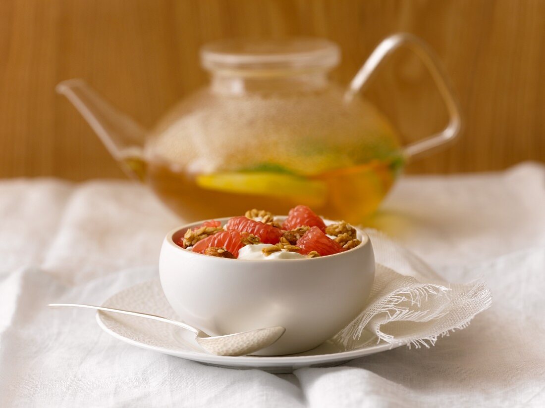 Yogurt Topped with Grapefruit and Granola; Tea Pot