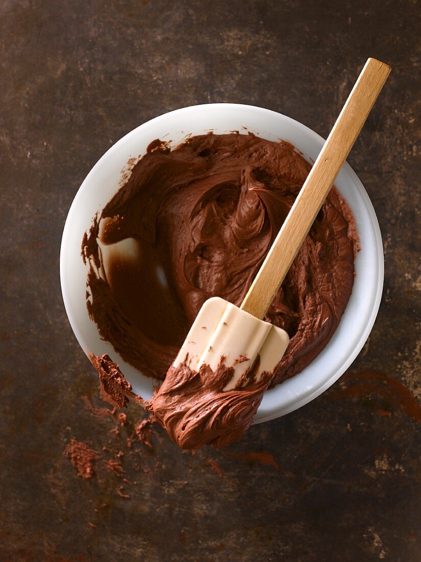 Bowl and Rubber Spatula of Chocolate Frosting; From Above