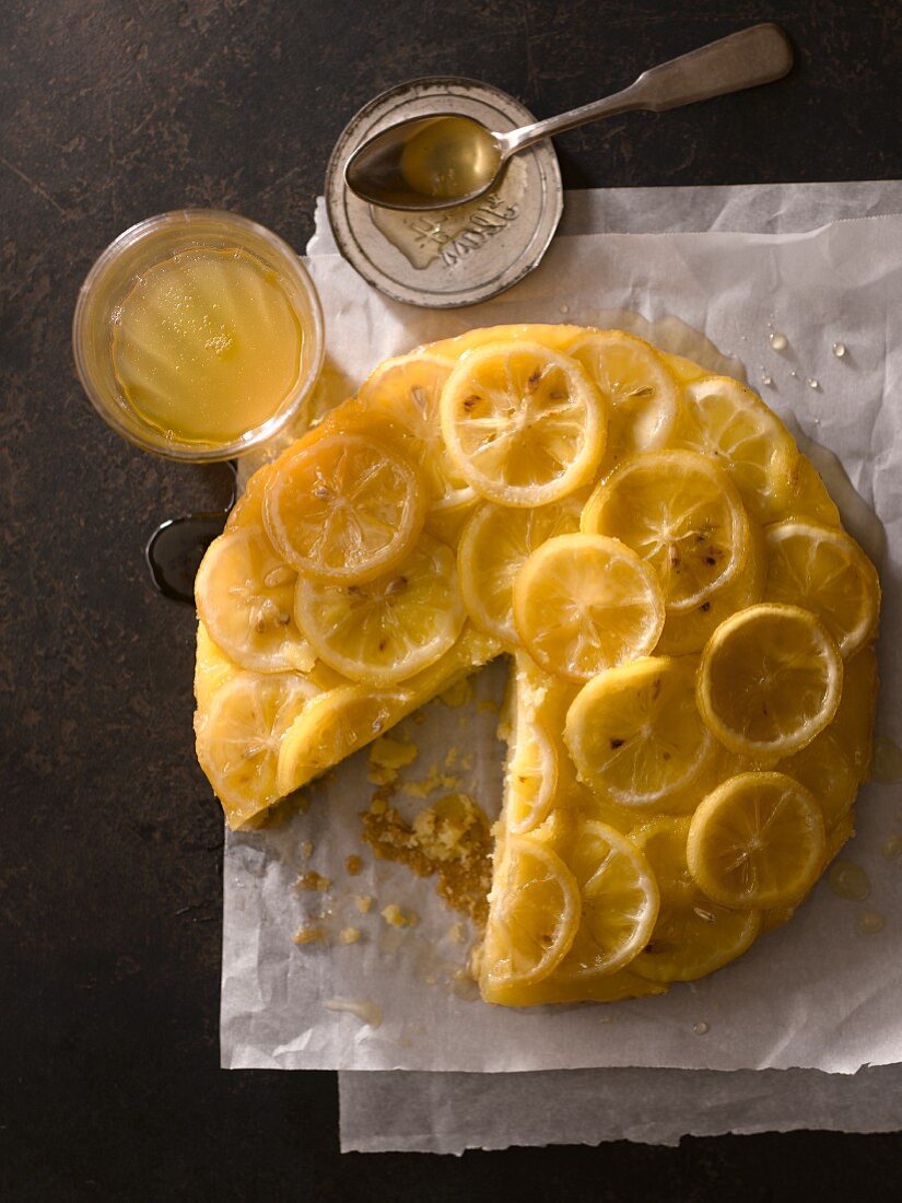 Lemon Upside Down Cake with a Slice Removed