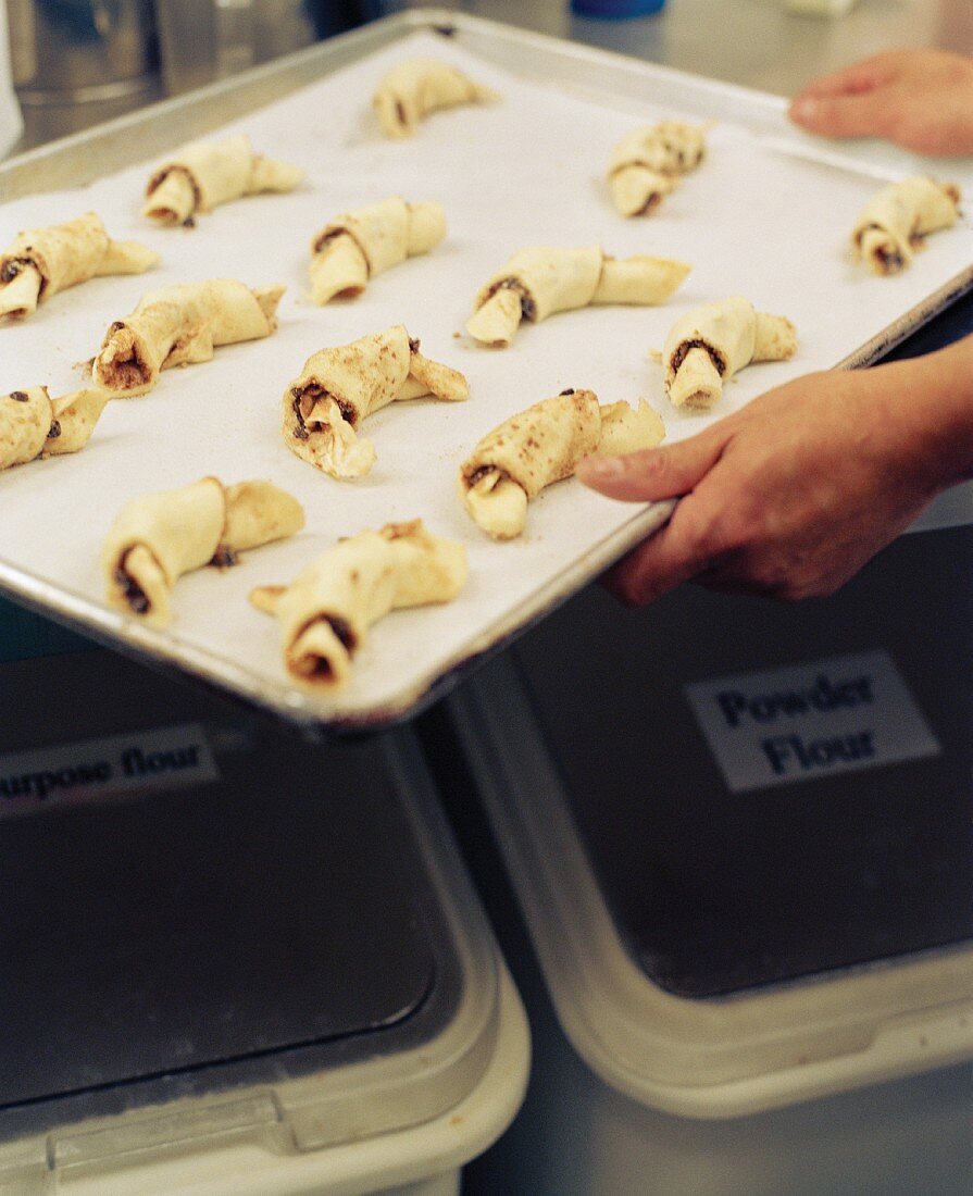Hands Holding a Tray of Unbaked Pastries; Ready to be Baked