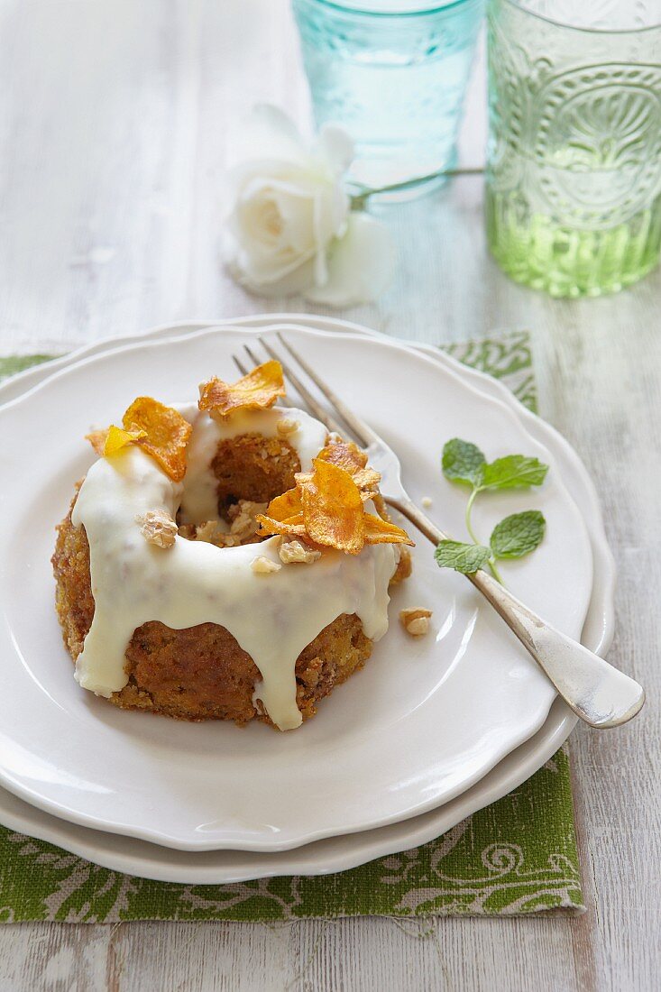Carrot and walnut cake with white chocolate icing