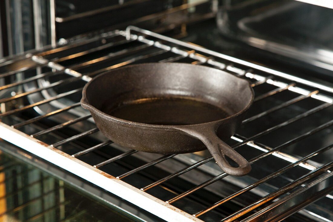 Cast Iron Skillet on an Oven Rack
