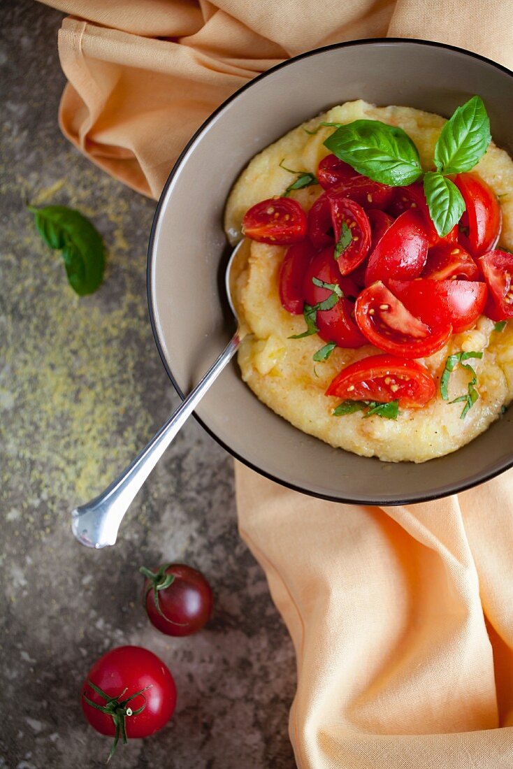 Bowl of Polenta with Fresh Tomatoes and Basil