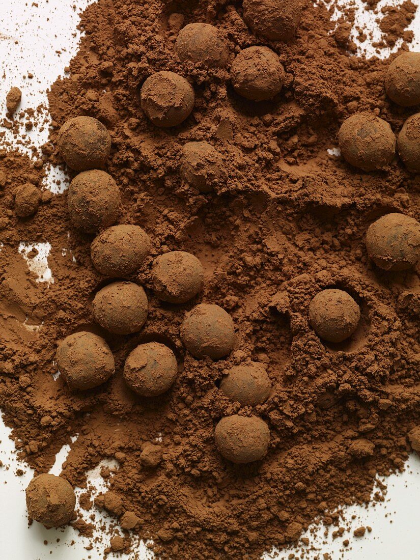 Schokoladentrüffeln in Kakaopulver wälzen