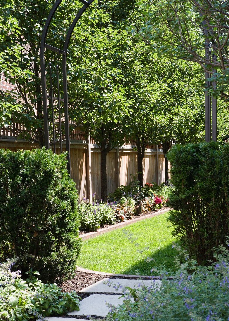 Well-tended garden with trellis arch