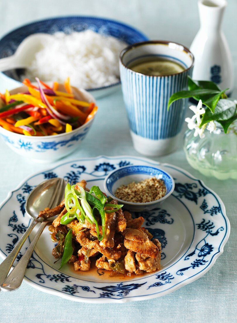 Stir-fried pork with rice, sesame seeds and vegetables (Thailand)