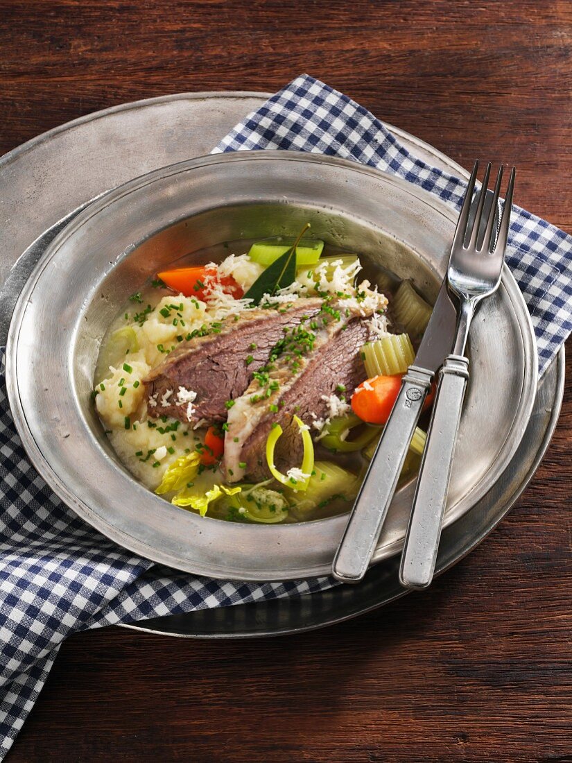 Prime boiled beef with horseradish, mashed potatoes and vegetables