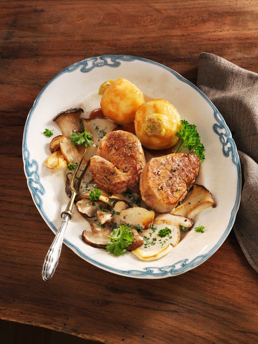 Veal steak with porcini mushrooms and glazed turnips