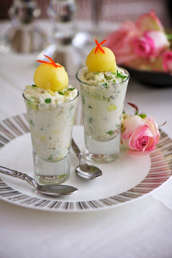 Crab salad with sorbet in shot glasses