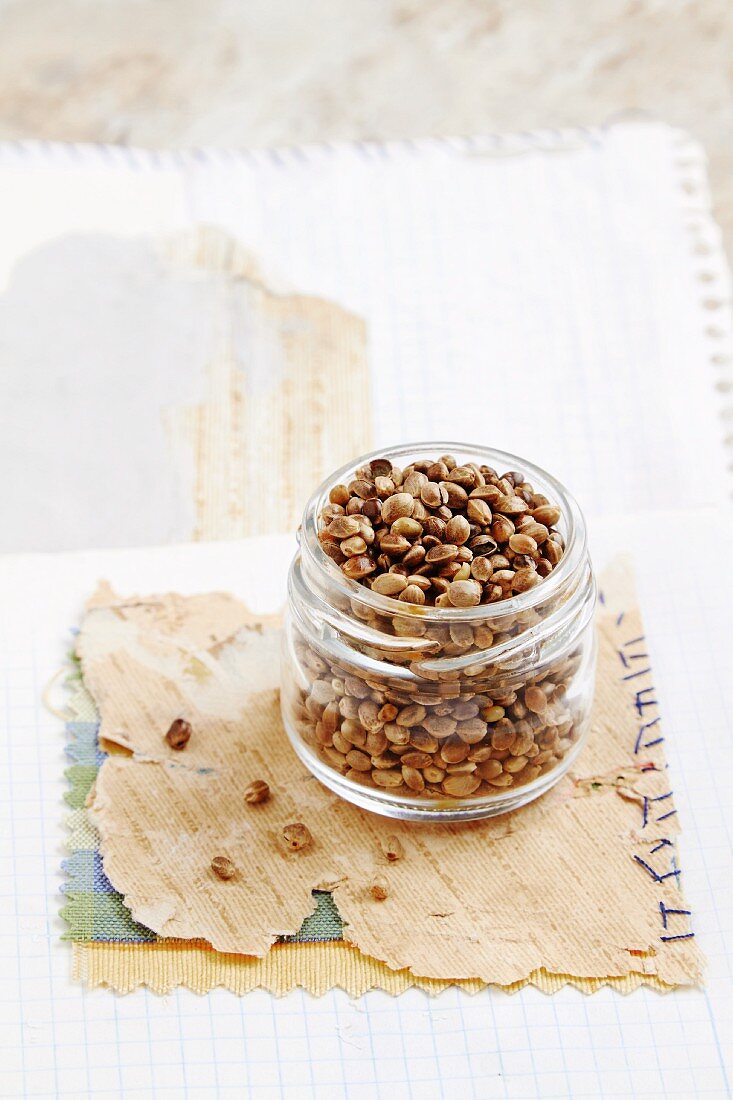 A jar of hemp seeds
