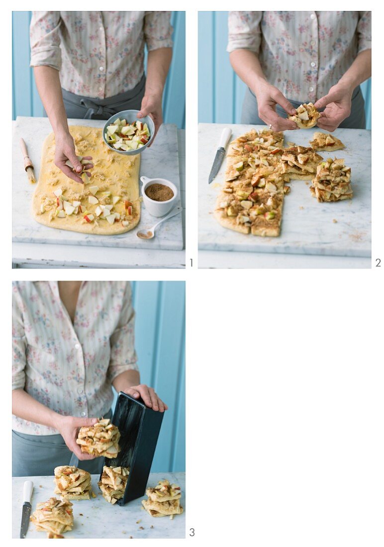 Pluck-it cake with marzipan and apples being made