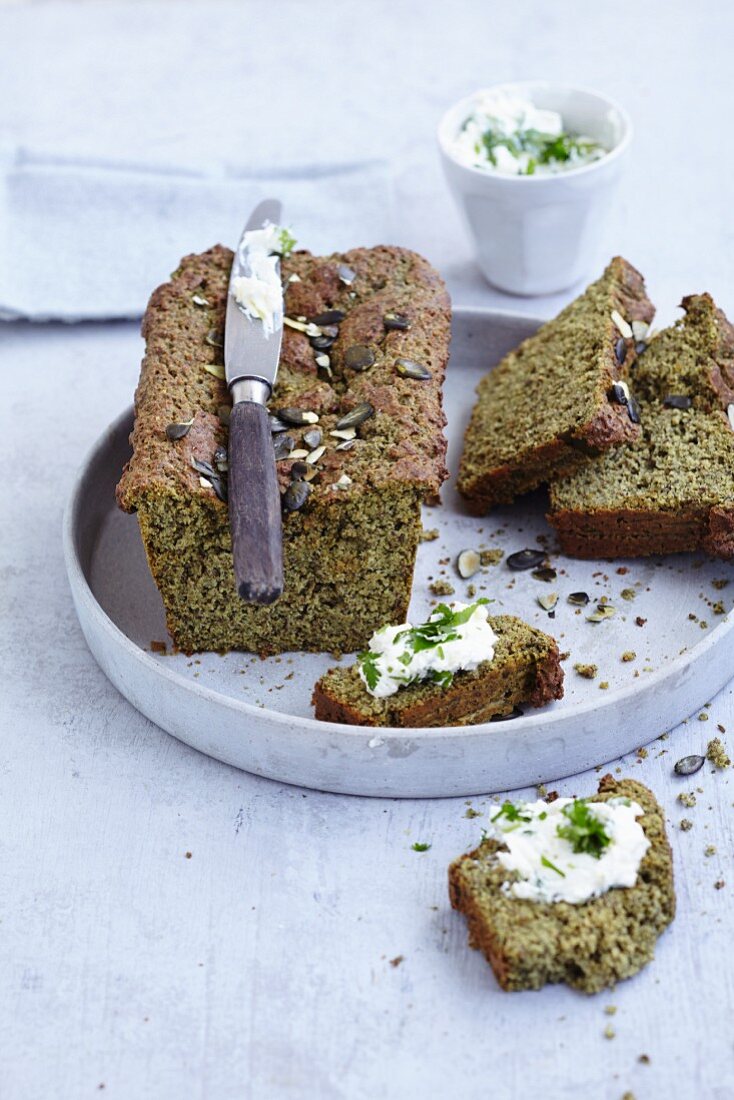 Gluten-free pumpkin seed bread with caraway and coriander seeds