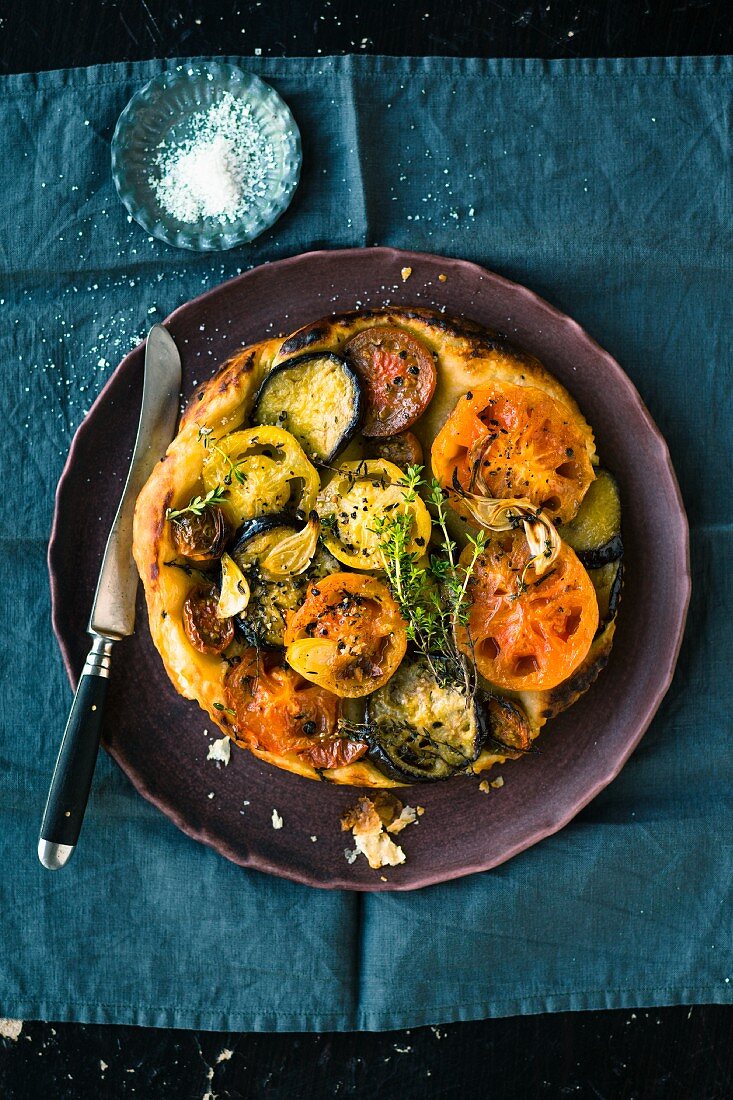 Summer aubergine and tomato tart with fresh thyme