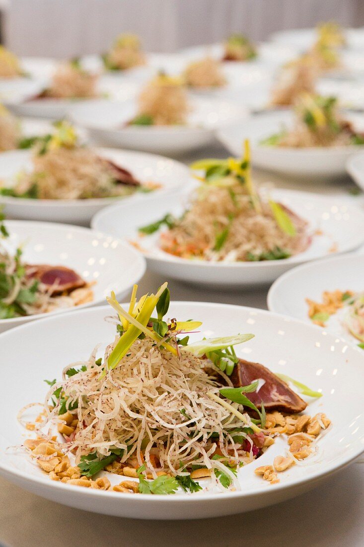 Beef and peanut salads ready to be served