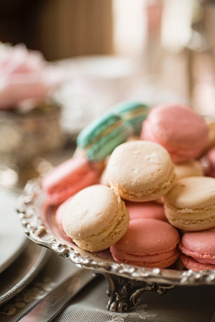 Macarons in a silver bowl for afternoon tea