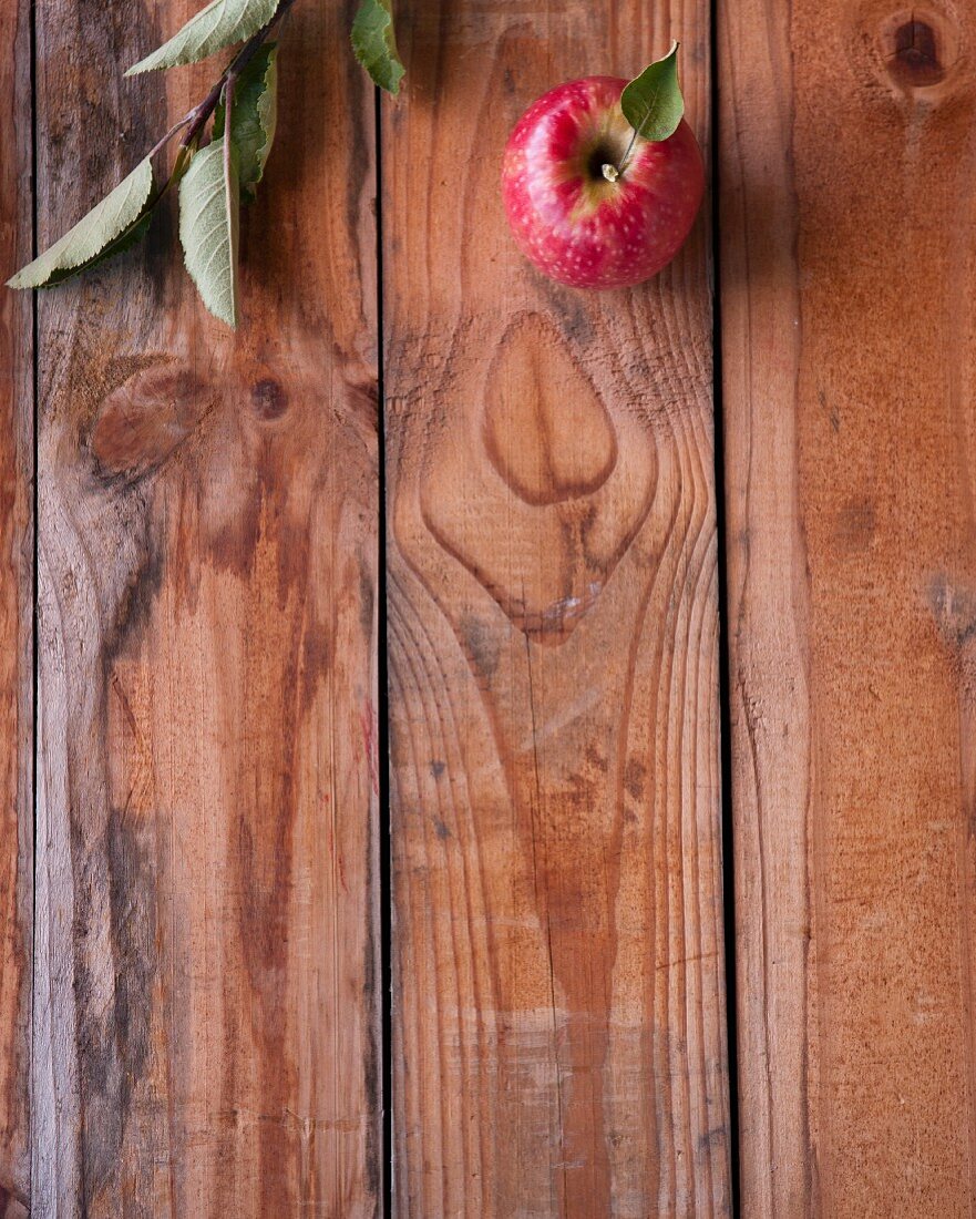 A red apple with a twig on a wooden surface