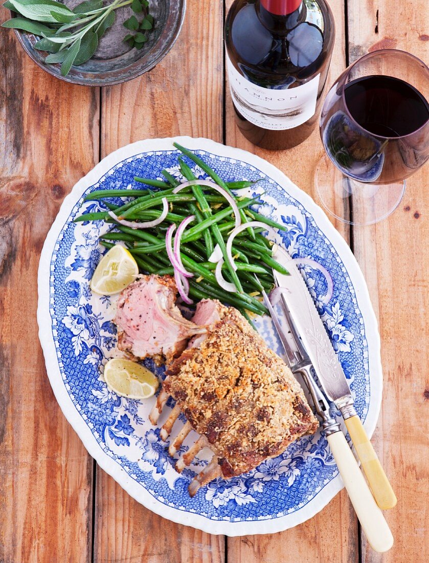 Rack of lamb with a breadcrumb crust and green beans