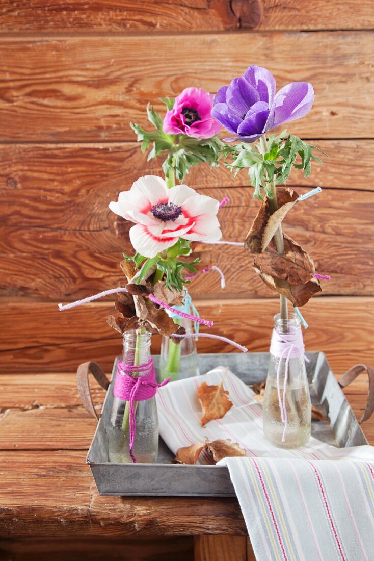 Anemones in small bottles decorated with yarn on zinc tray
