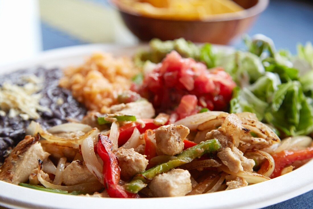 Vegan fajitas with vegetables and rice (Mexico)