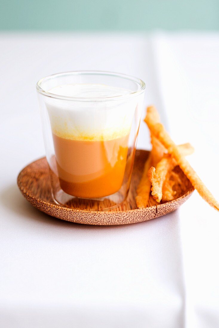 Carrot and coconut macchiato with carrot pakoras