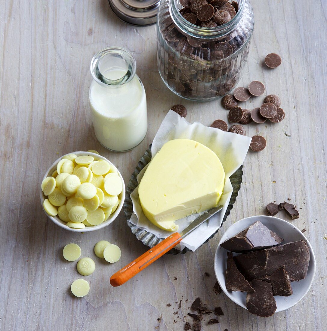 Various types of cooking chocolate, butter and milk