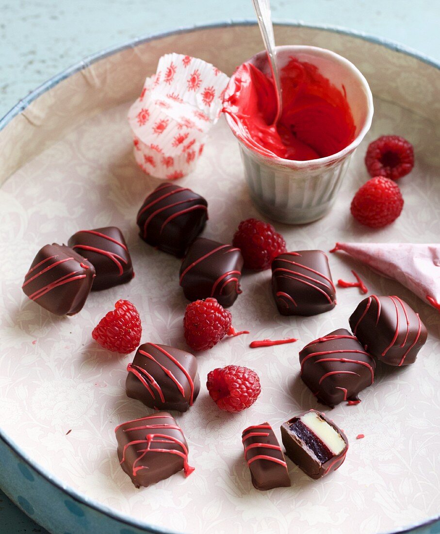 Raspberry pralines with lemon balm