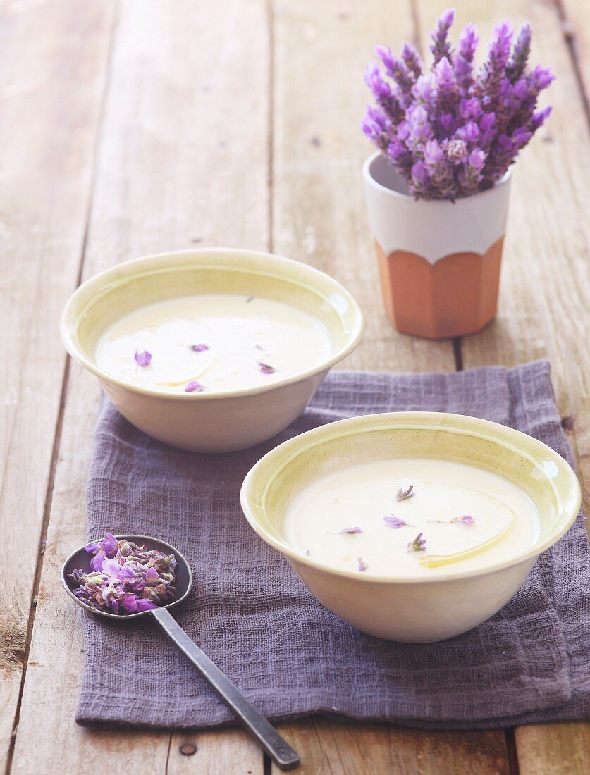 Cauliflower soup with lavender flowers
