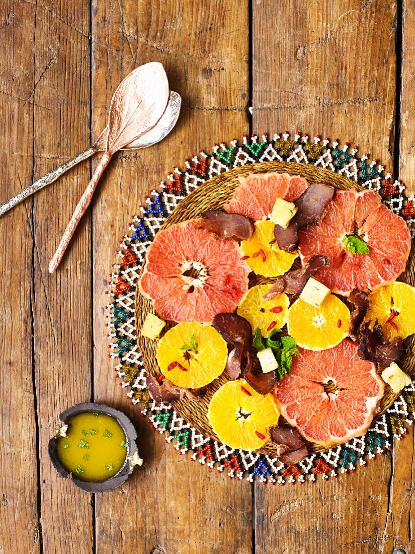 Afircan citrus fruit salad with biltong and cornflour croutons