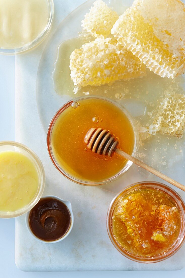 Honig in einem Glasschälchen mit Honiglöffel, Honigwaben und süsse Saucen auf weißem Untergrund