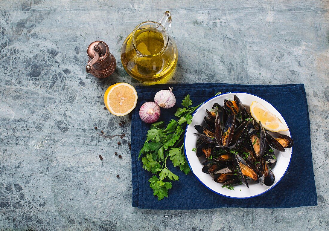 Steamed mussels on a plate