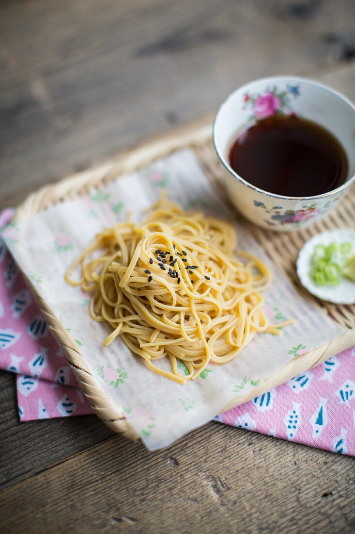 Cold soba noodles with black sesame seeds and a soya dip (Japan)