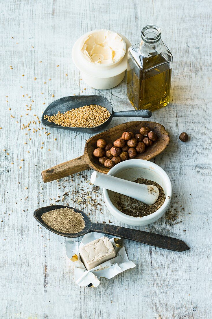 Spices, fats, yeast, nuts and seeds for baking bread