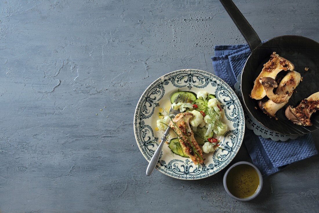 Crispy king trumpet mushrooms with cauliflower salad