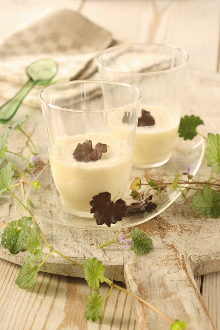 Chocolate-covered ground ivy in white chocolate cream