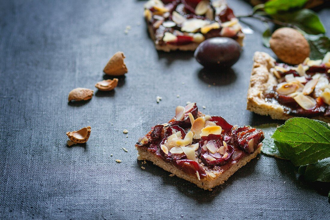 Damson tray bake cake with almonds