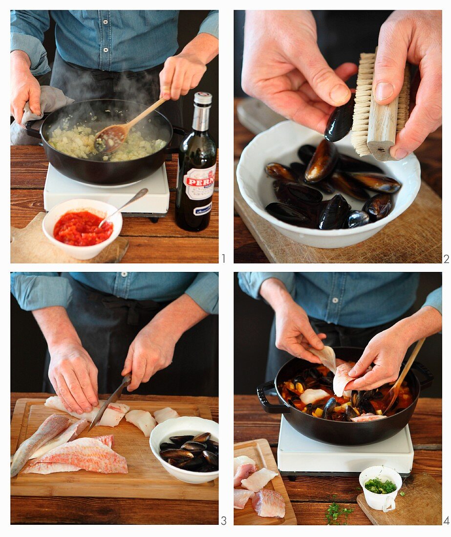 French Bouillabaisse with Pernod being made