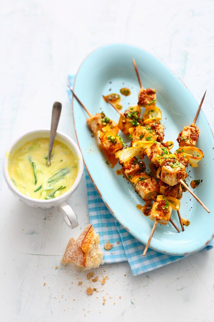 Vegetarian tofu and lemon skewers with a yoghurt and cucumber dip