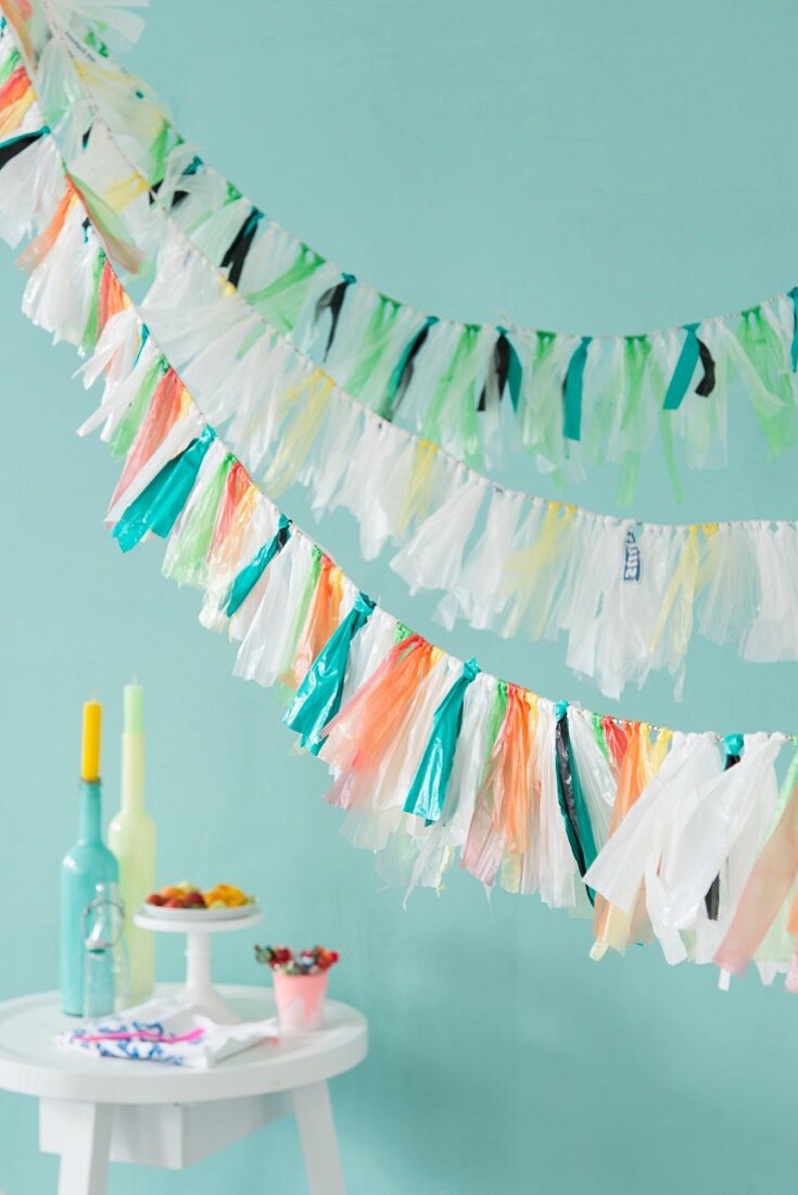 Colourful garlands made from plastic bags