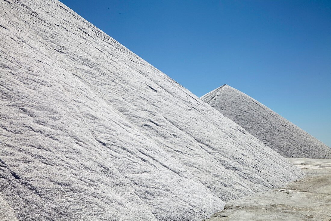 Sea salt extraction in Camargue, France, salt mountains