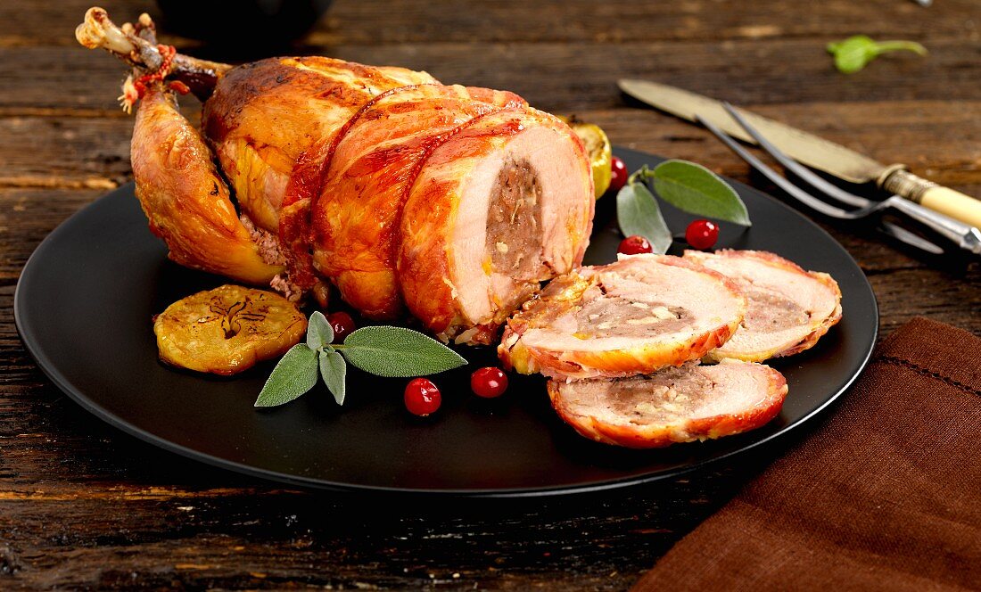 Roast pheasant with a ham and apple stuffing