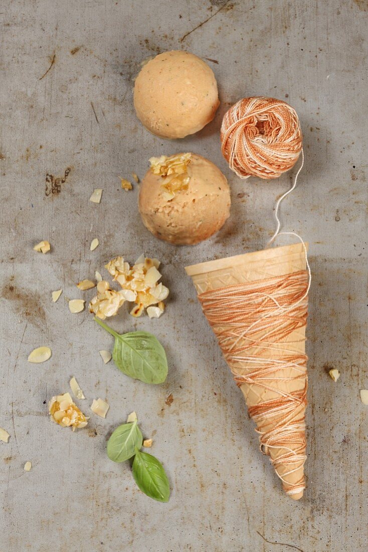 Baked nectarine ice cream with basil