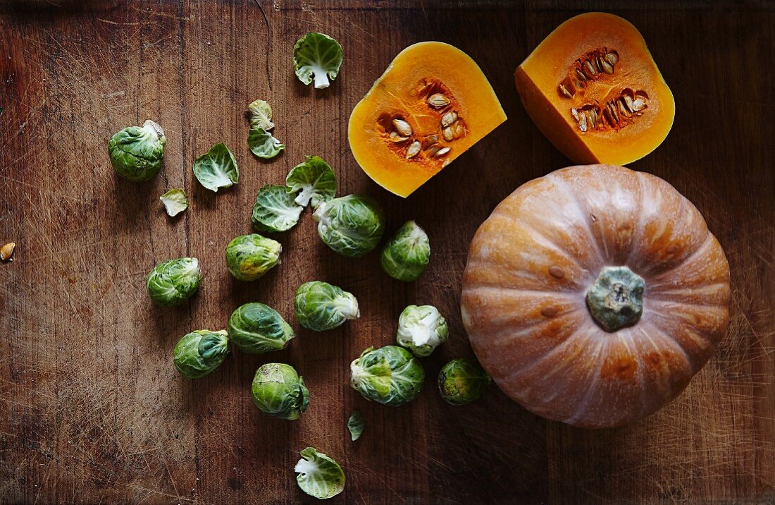A pumpkin and Brussels sprouts