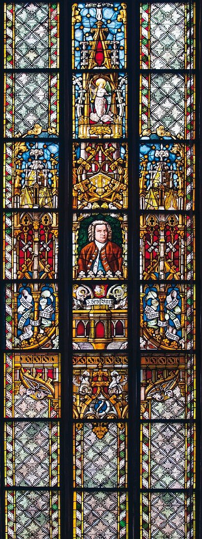 A window in St Thomas' Church with a portrait of Bach in Leipzig, Germany